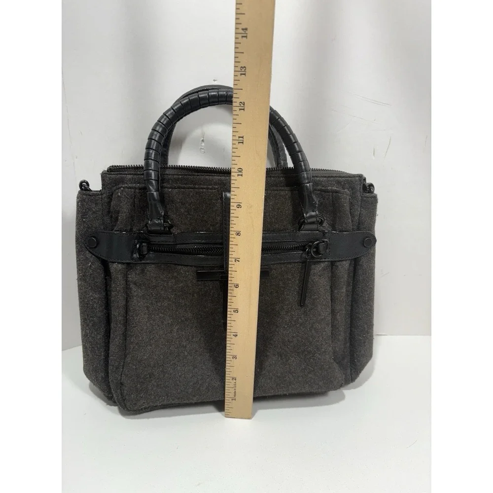 Elliott Lucca Black Gray Wool Satchel Purse Handles Shoulder Strap‎ Leather Trim